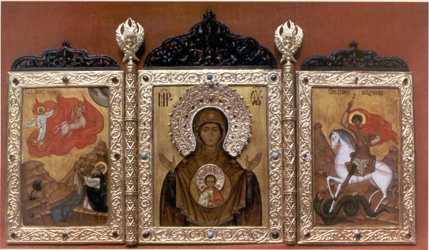  Киот с иконами Знамения Божией Матери, Огненного восхождения пророка Илии и св. Георгия Победоносца