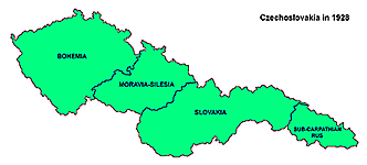  Чехословакия в 1928 г. (с указанием исторических территорий Богемии, Моравии-Силезии, Словакии и Подкарпатской Руси (Рутении)) 